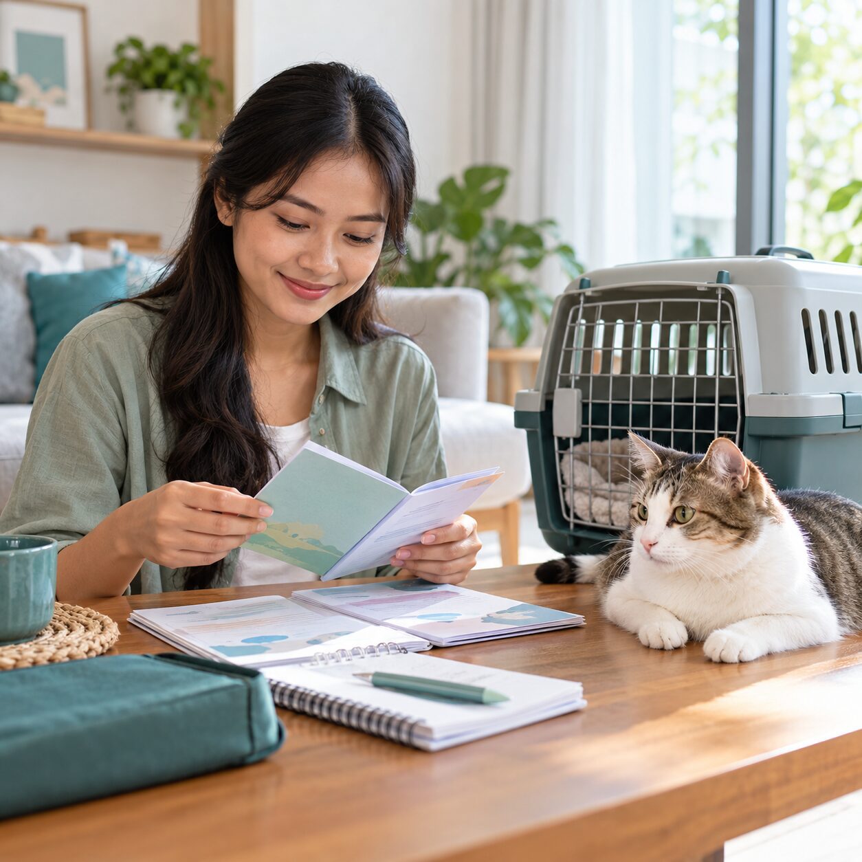 Carrier kucing ditopang dari bawah saat dibawa untuk perjalanan ke dokter hewan.