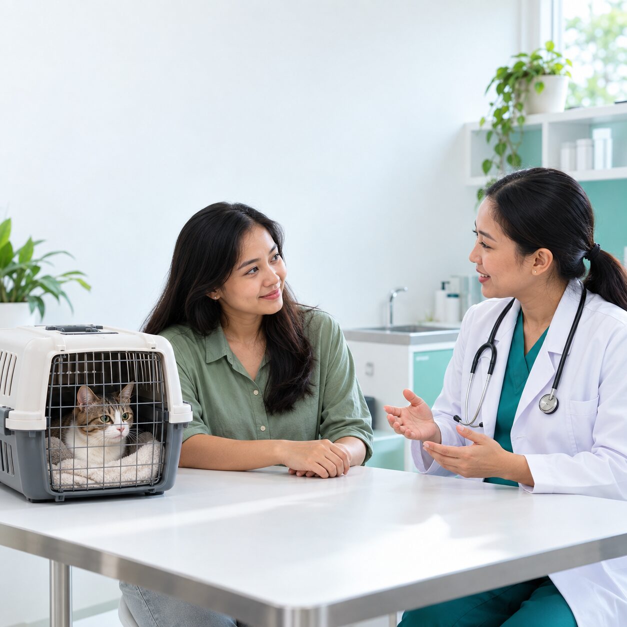 Dokter hewan menjelaskan catatan vaksinasi kucing kepada pemilik