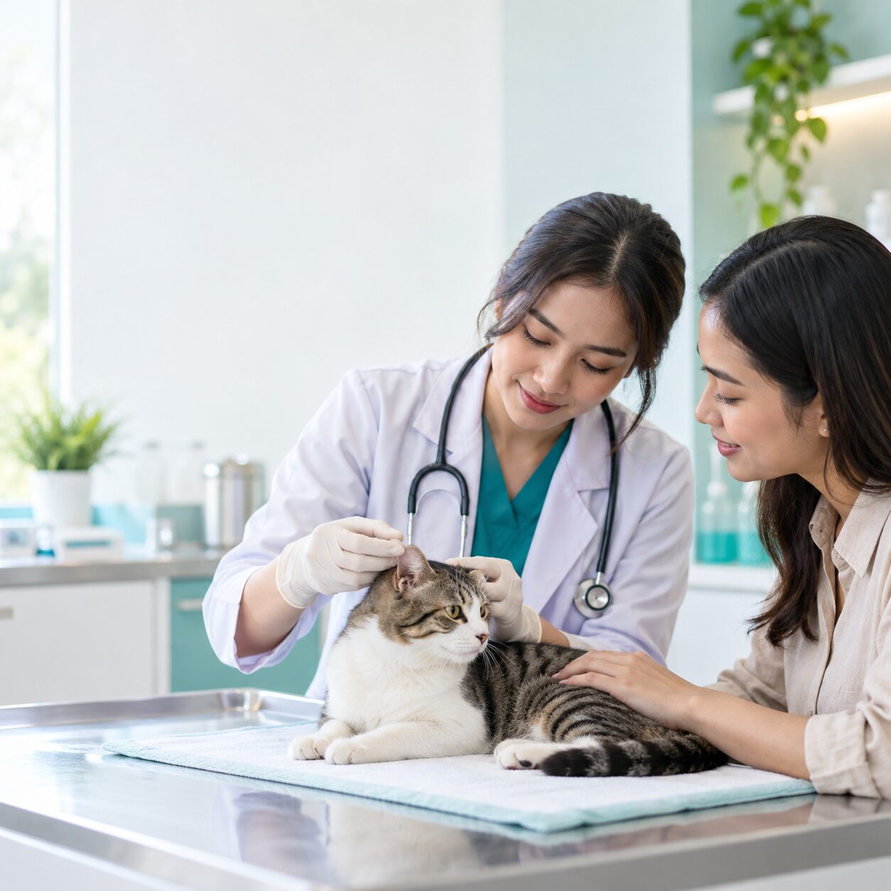 Dokter hewan mengamati kulit di sekitar telinga kucing