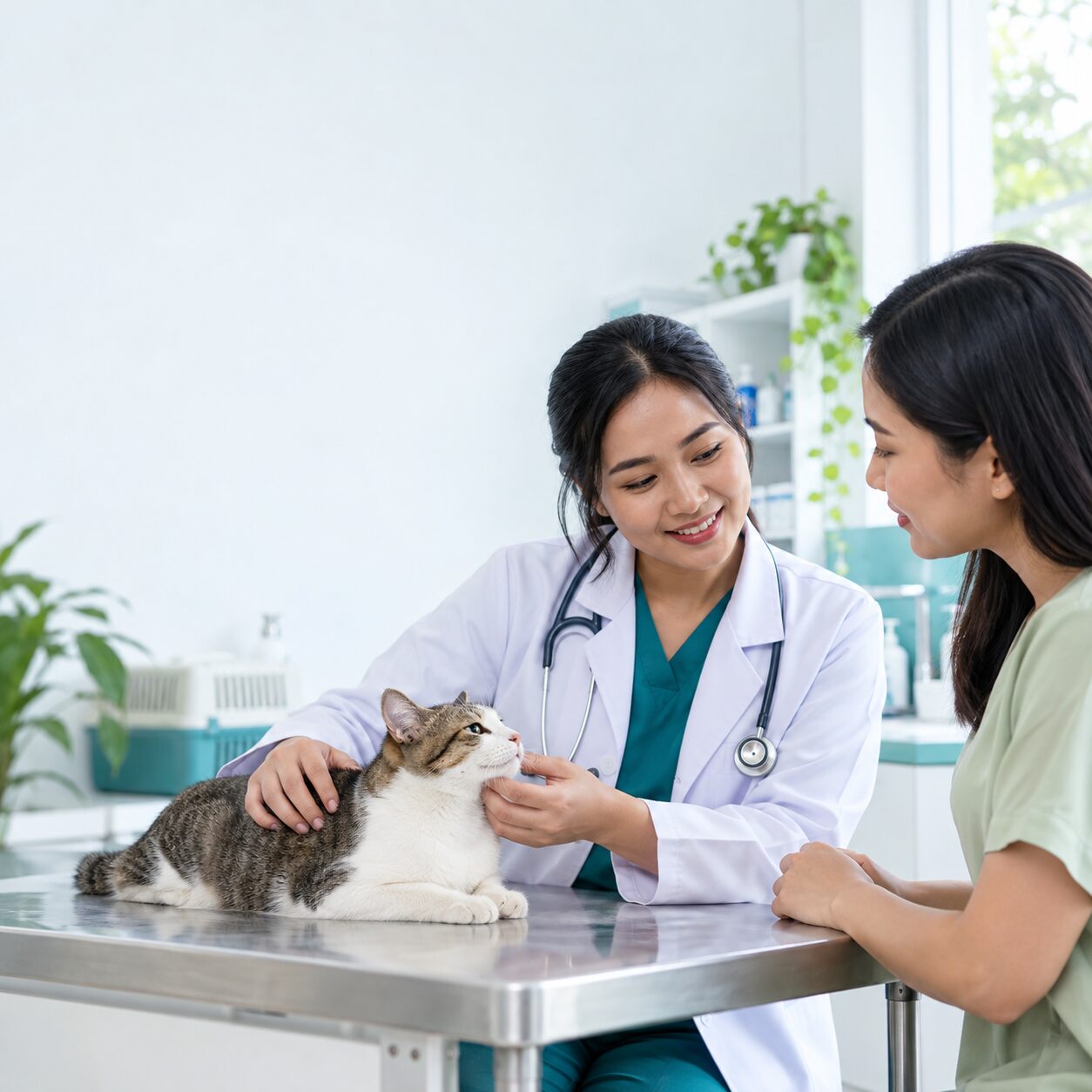 Dokter hewan memeriksa bulu kucing menggunakan sisir kutu