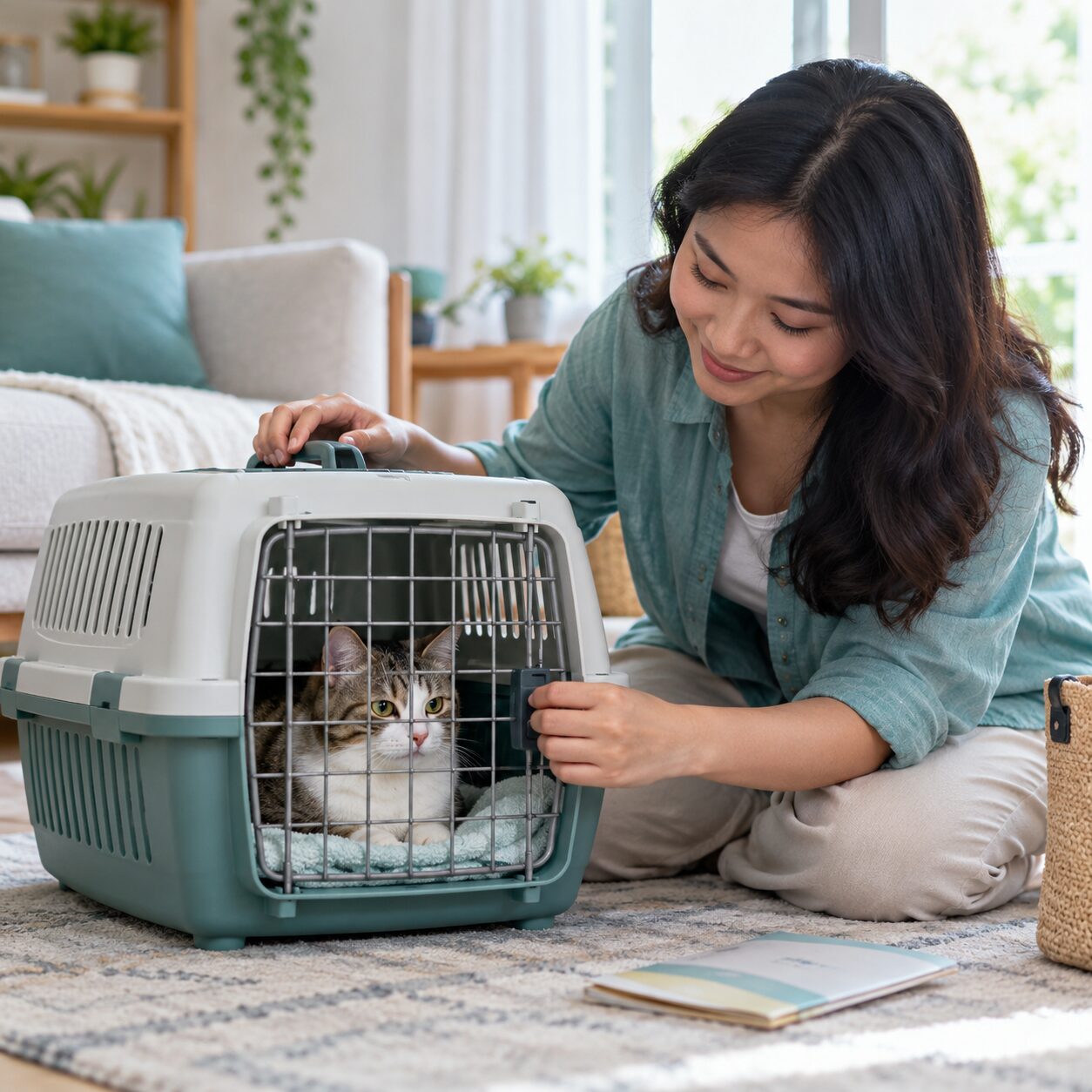 Pemilik menyiapkan carrier dan catatan kesehatan untuk kunjungan kucing ke klinik