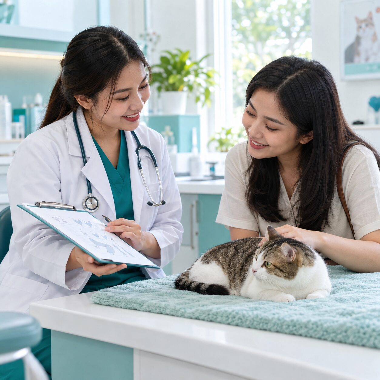 Dokter hewan menjelaskan rencana pemeriksaan kehamilan kucing kepada pemilik