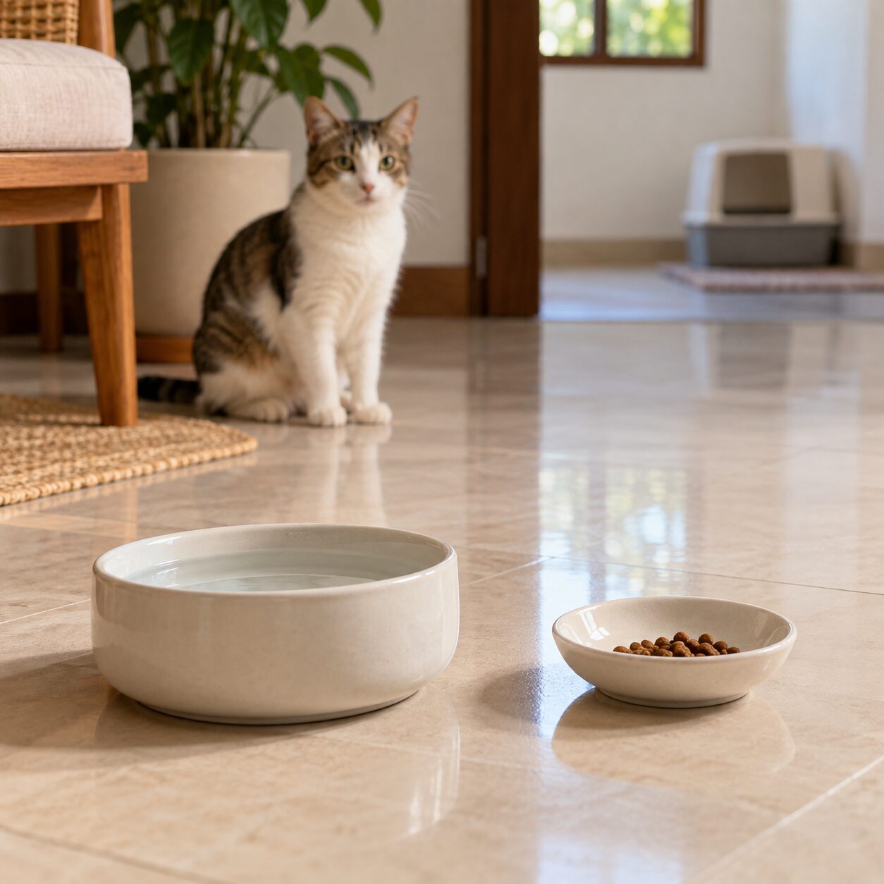 Air bersih dan makanan kucing disiapkan sambil memantau kondisi pencernaannya.