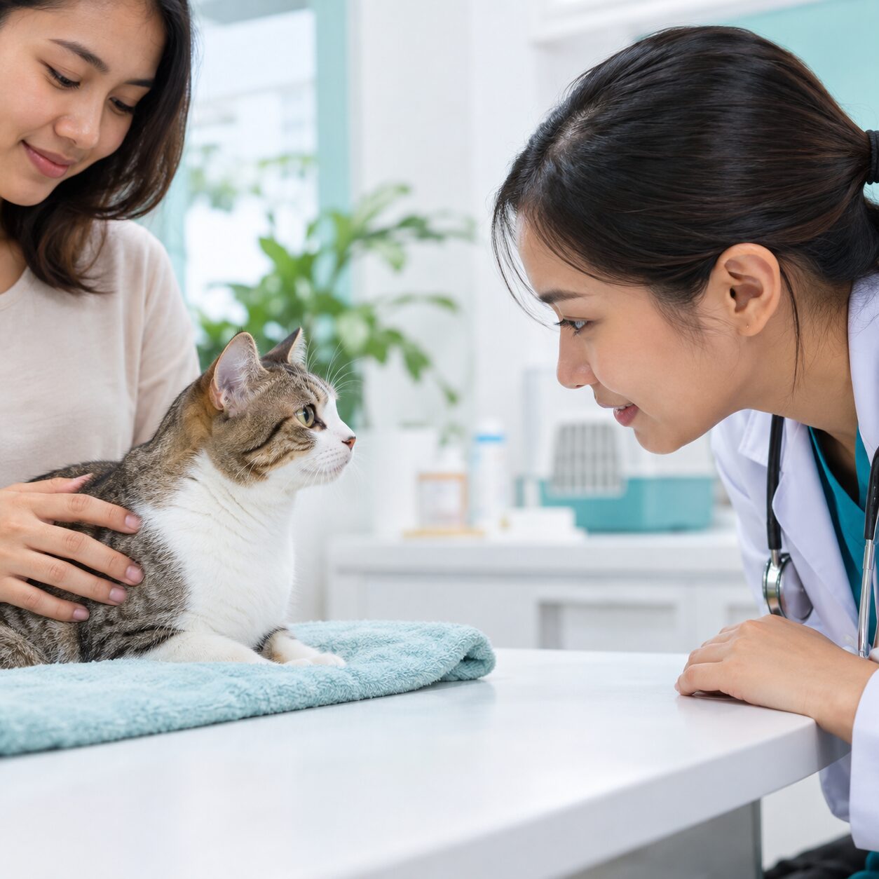 Ilustrasi dokter hewan mengamati kondisi mata kucing