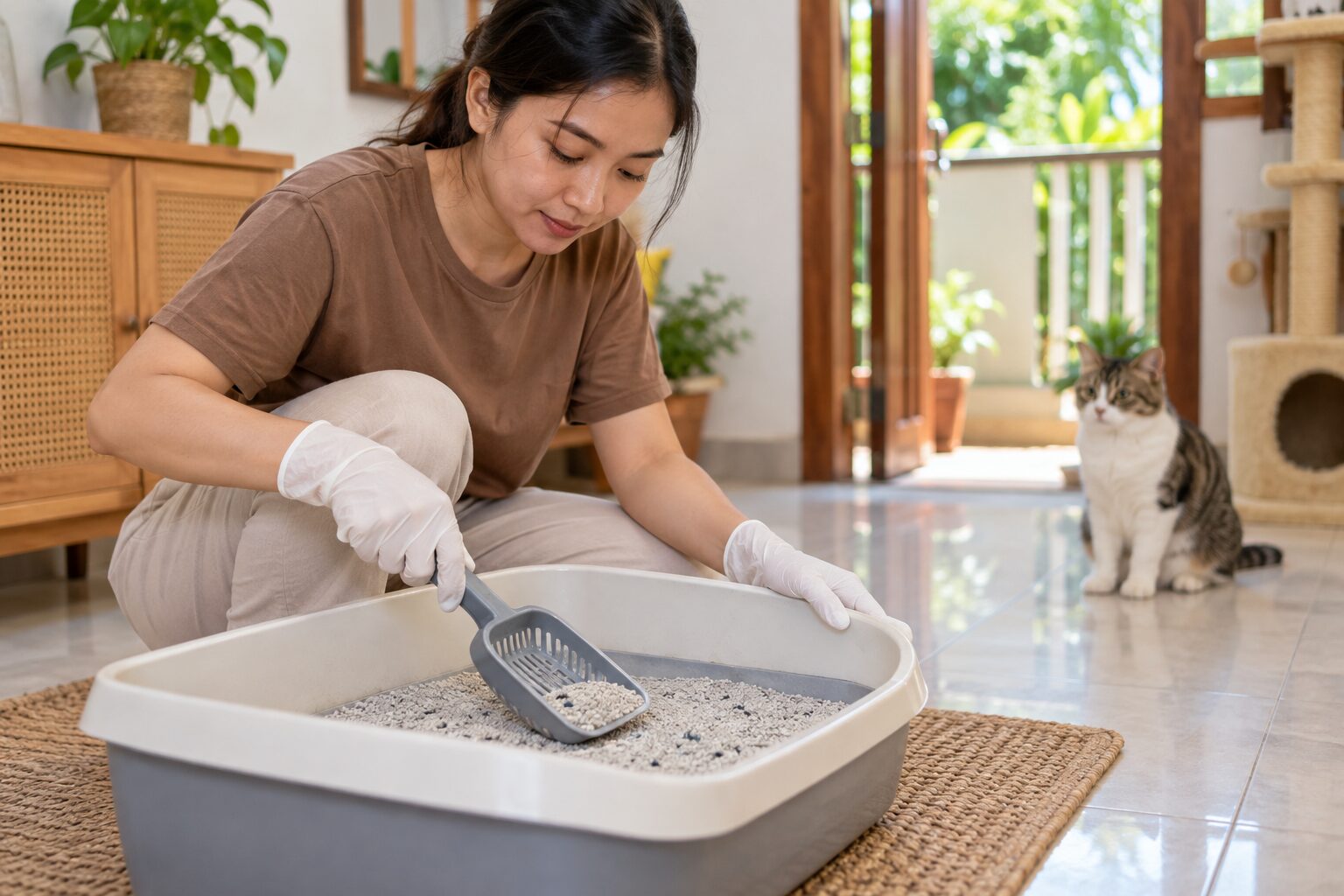 Pemilik membersihkan litter box sebagai bagian dari kebersihan lingkungan kucing.