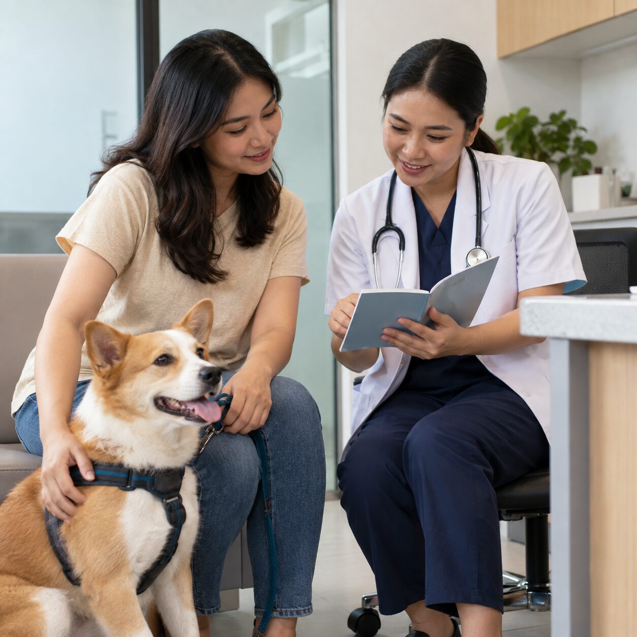 Pemilik membicarakan riwayat vaksinasi anjing dengan dokter hewan.