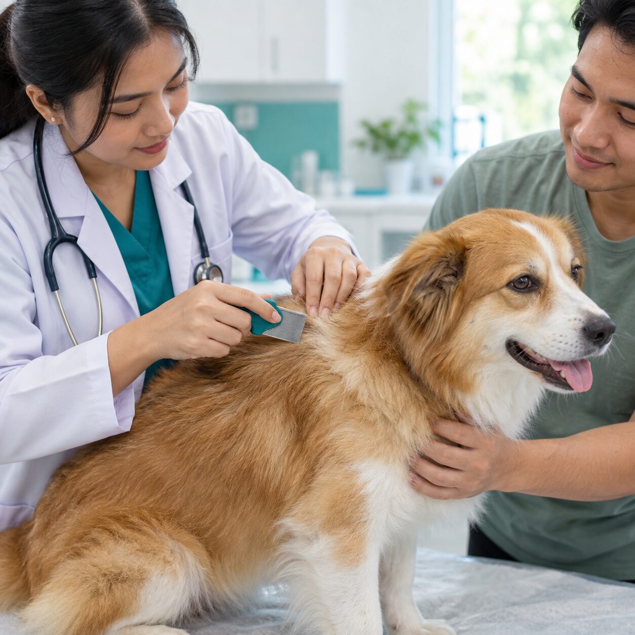 Ilustrasi dokter hewan memeriksa bulu anjing menggunakan sisir kutu